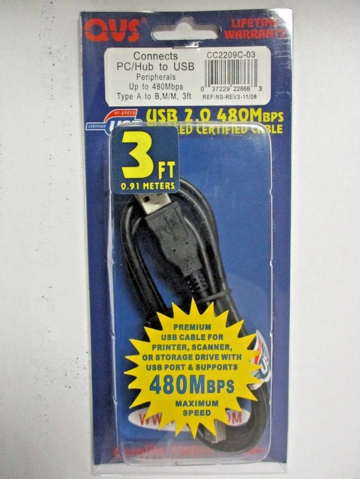 NEW QVS USB TO PC/HUB CABLE 3FT