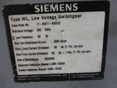 4000 Amp Siemens WL Switchgear, 7 Section, 4000/1600A Breakers,