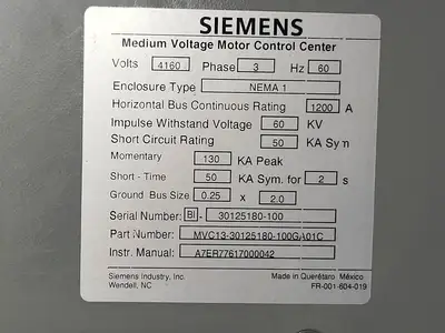 Siemens 4160 Volt MCC 400 amp each/1250 hp Vac contactors