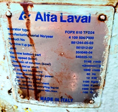 Alfa-Laval FOPX 610 TFD-24-60 oil purifier, 316SS.