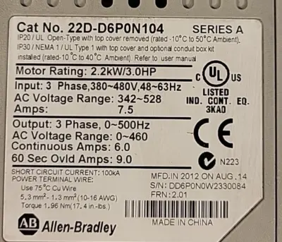 Allen-Bradley 22D-D6PON104 Power Flex 40 AC Drive; 3HP (BIN3.3.1)