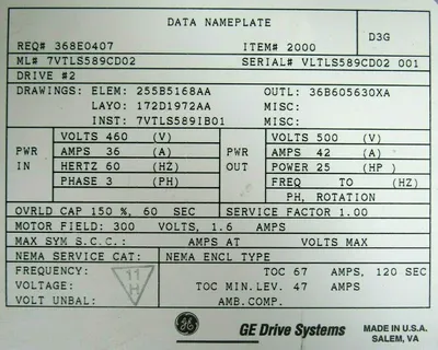USED GENERNAL ELECTRIC 7VTLS589CD02 DRIVE 25HP 368E0407