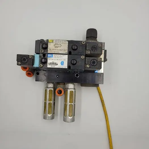 Used MAC TWO 92B-FAB-000-DM-DDAP-1DM MOUNTED ON TWO VALVES 92B-000-BJA WITH MUFFLERS & WIRING Parts (Hydraulics and Pneumatics) | ND Industrial Surplus #1219428
