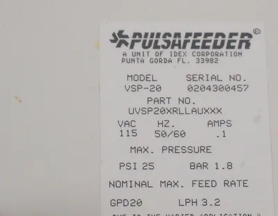 USED PULSAFEEDER VSP-20 PUMP ASSEMBLY UVSP20XRLLAUXXX