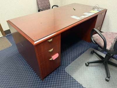 Contents of office furniture, includes (1) wood desk with glass top, 71" x 36", (1) wood credenza wi...