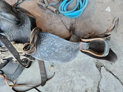 Vintage Western Saddle and Tack Set including Saddle, Stirrups, Reins, and Rope