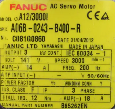 USED FANUC A06B-0243-B400-R SERVO MOTOR A12/3000I A860-2000-T301
