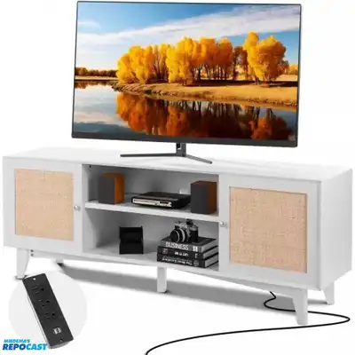 Vevor Boho TV Stand with Rattan Cabinet Doors Model CSF-T24101-WHU - White