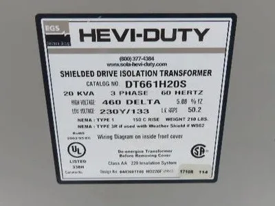 Hevi-Duty Shielded Isolation Transformer 20kva 3ph HV 460 Delta LV 230Y/133