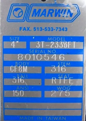 NEW MARWIN 3T-2333FT BALL VALVE 3T2333FT CF8M 4"