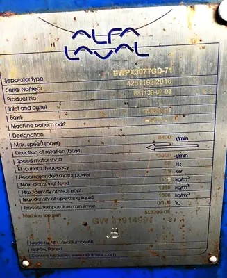 Alfa-Laval BWPX 307 TGD-71 oil concentrator module, SS.