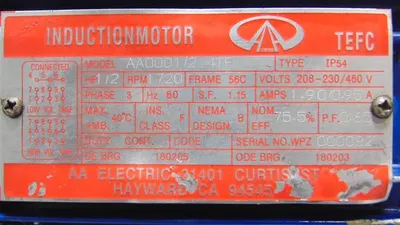 AA Electric AA0001/2.4TF Induction Motor 1/2 HP 208-230/460V 1720 RPM Used