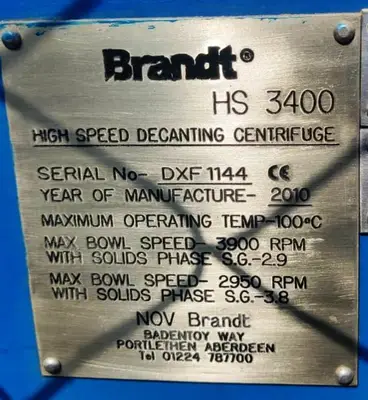 (2) NOV/Brandt HS-3400 VSD decanter centrifuge skids, 316SS.