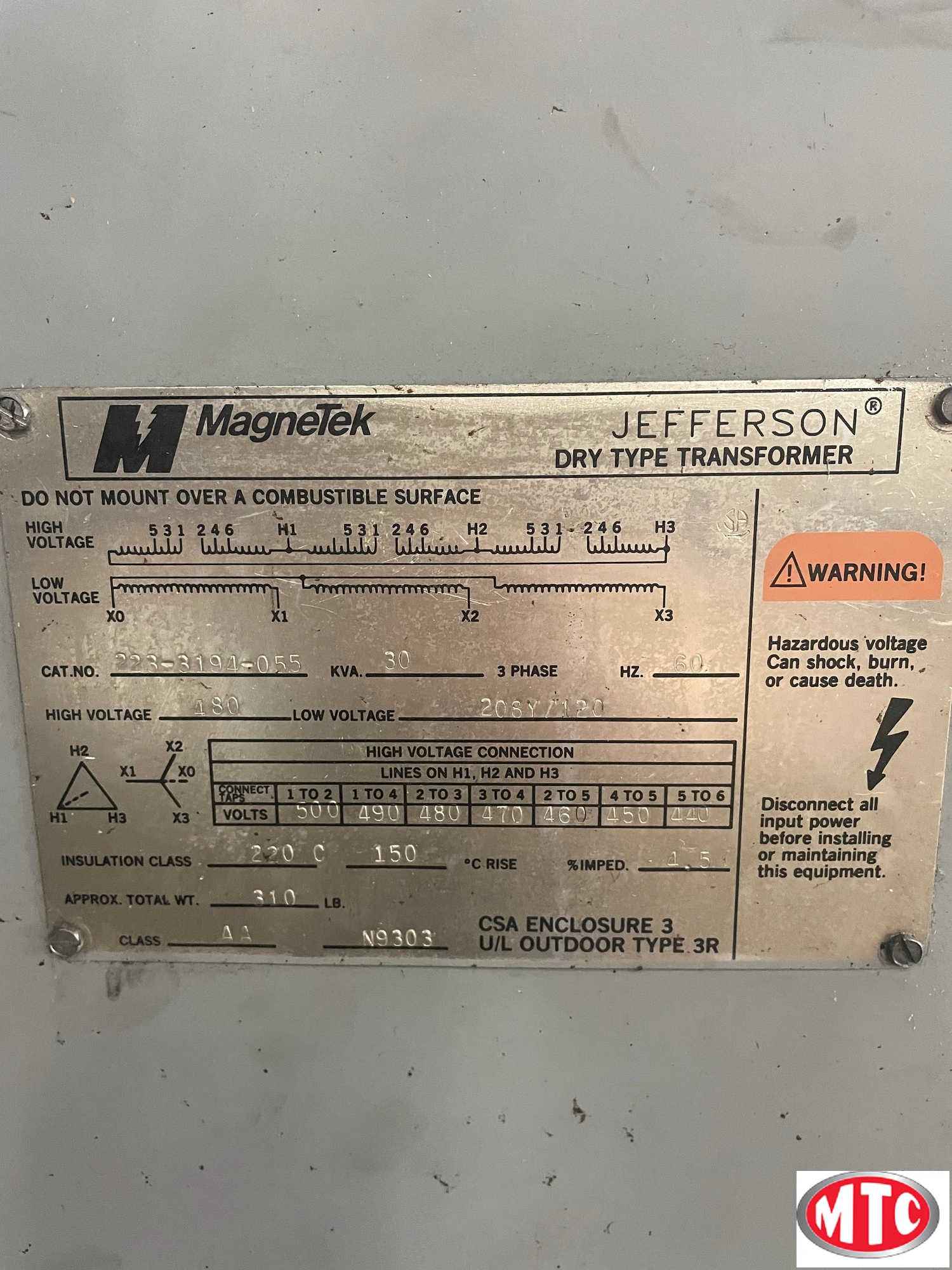 Magnetek Jefferson 30 KVA Transformer