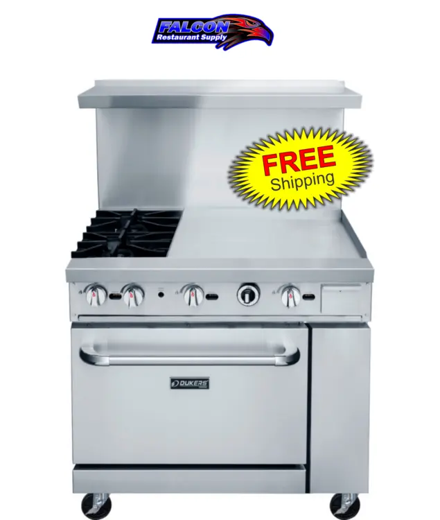 New | in-Stock Dukers New Dukers DCR36-2B24GM 36" Gas Range with Two (2) Open Burners & 24" Flat Top Griddle Commercial Ranges Illinois US | Falcon Restaurant Supply #1376281