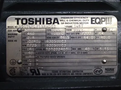 2 HP Toshiba B0024FLF1BMHD02 Induction Motor 460V 1735 RPM 4 Pole New