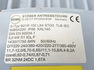 Stober B21R100LX4ST03 Brake Gear Motor 8.4 Reducer 208rpm 4Hp 480V 3PH K302 100L