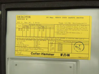 Cutler Hammer DH362FDK Eaton Safety Disconnect Switch 60A 600V Non-Fusible