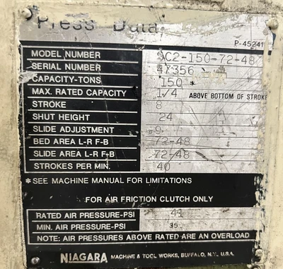 USED 1973 NIAGARA NIAGARA SC2-150-72-48 PRESS