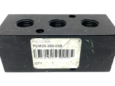 USED POLYCONN PNEUMATIC MANIFOLD 3-PORT 1/4” NPT OUT 3/8” NPT IN