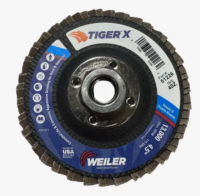 Weiler 4-1/2" x 5/8-11 Flap Disc 40 Grit Zirconia Phenolic Back 10 Pack USA