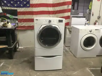 USED WHIRLPOOL DUET STEAM ELECTRIC DRYER ON STORAGE PEDESTAL HIGH EFFICIENCY ENERGY STAR