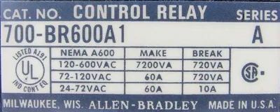 NEW ALLEN BRADLEY 700-BR600A1 AC RELAY TYPE BR SERIES A 700BR600A1