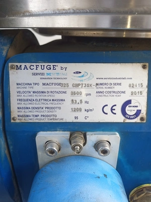 Macfuge 325 CHPT 3SK-P self-cleaning biodiesel purifier, 316SS.
