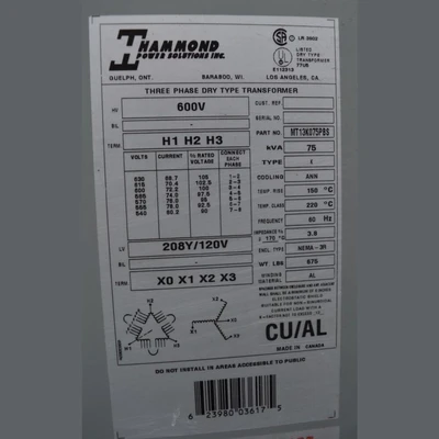 Hammond 75 kVA Transformer