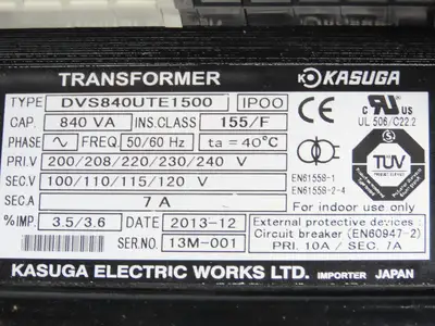 Kasuga DVS840UTE1500 Step-Down Power Transformer 840VA 1Ph Pri 240V Sec 120V