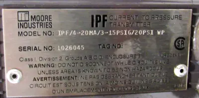 NEW MOORE IND. IPF/4-20MA/3-15PSIG/20PSI/WP TRANSMITTER IPF420MA315PSIG20PSIWP
