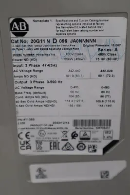 ALLEN BRADLEY 20G11ND096JA0NNNNN 75 HP POWERFLEX 755 DRIVE NEW UNIT STOCK S-593