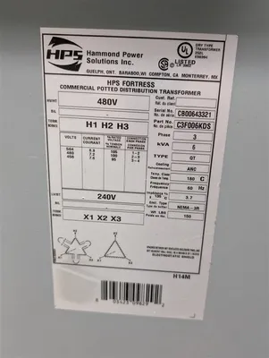 6 kVA Hammond C3F006KDS HPS Fortress Potted Distribution Transformer Used