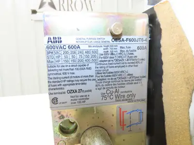 ABB OESA-F600JT6-4 Fusible Disconnect Switch 500Hp 600A 600VAC 4 Pole Fused