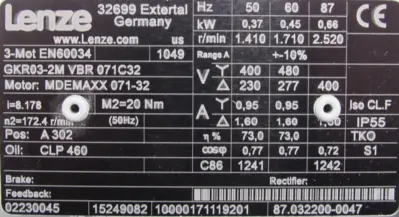 NEW LENZE MDEMAXX071-32 GEARMOTOR GKR03-2M VBR-071C32 MDEMAXX07132