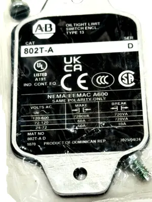 ALLEN BRADLEY 802T-A OIL TIGHT LIMIT SWITCH 802TA SER. D NEW, SURPLUS