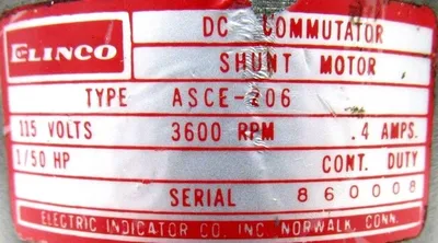 USED ELINCO ASCE-206 SHUNT MOTOR 3600 RPM 115V 1/50 HP ASCE206