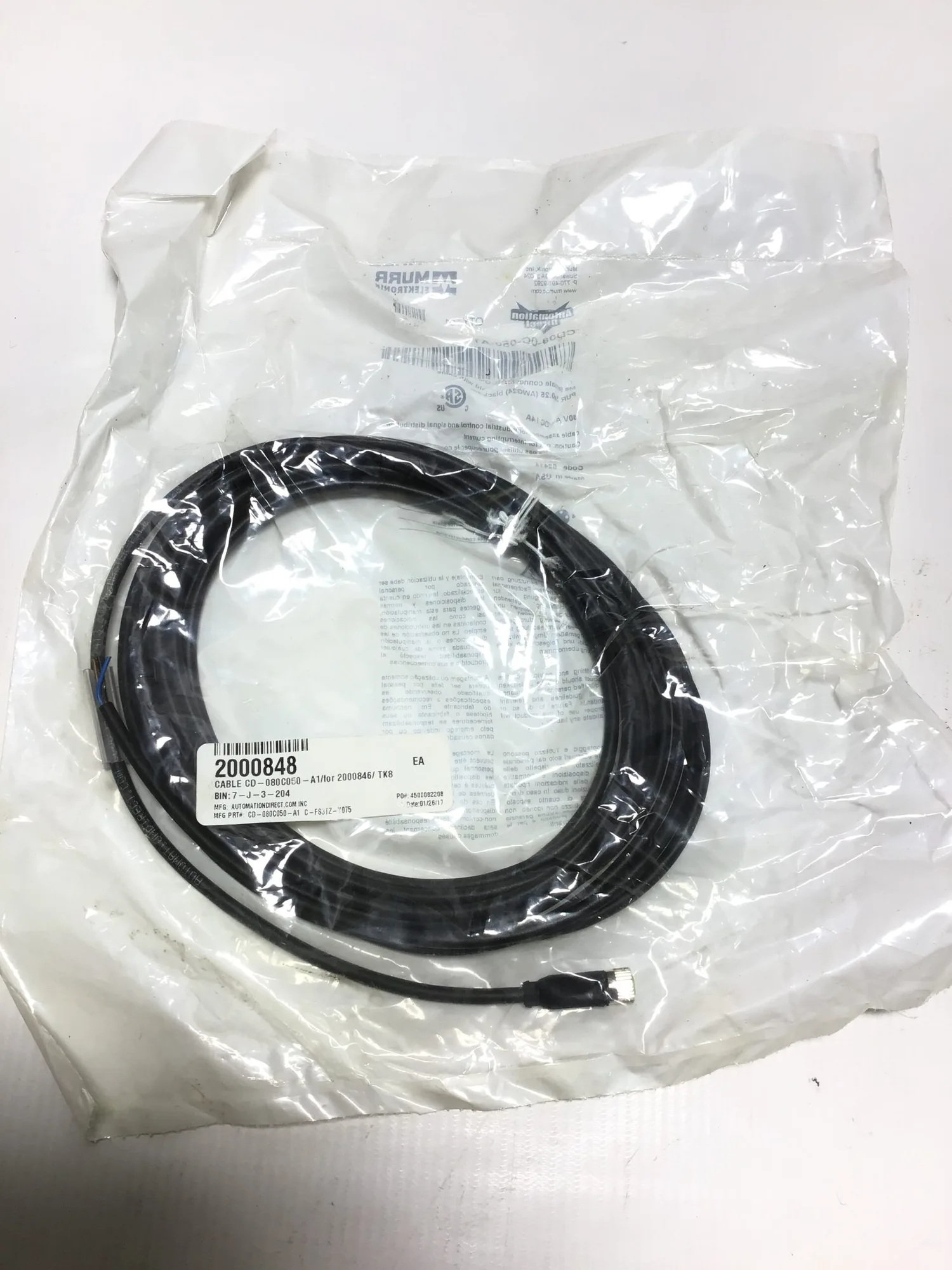 Murr Elektronic CD-080C050-A1 M8 Female Connector Straight w/Cable for 2000846/TK8