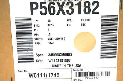 NEW BALDOR RELIANCE ELECTRIC P56X3182 MOTOR 1140 RPM .5 HP 3 PHASE