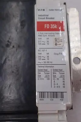 Eaton Cutler Hammer Industrial Circuit Breaker FD 35k 1 Pole Used Stock #2677