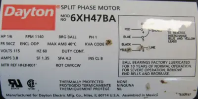 NEW DAYTON 6XH47BA MOTOR 1/6HP 1140 RPM 115V