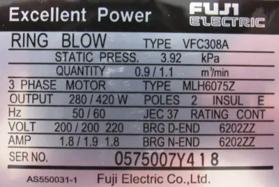 NEW FUJI ELECTRIC VFC308A RING COMPRESSOR VACUUM PUMP BLOWER