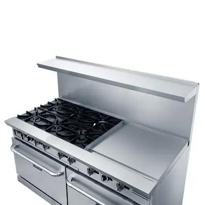 New | in-Stock Dukers New Dukers DCR60-6B24GM 60" Gas Range with Six (6) Open Burners & 24" Flat Top Griddle Commercial Ranges Illinois US | Falcon Restaurant Supply #1376298