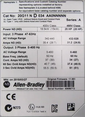 USED ALLEN BRADLEY 20G11-N-D-034-AA0NNNNN POWERFLEX 755 SER.A 25HP