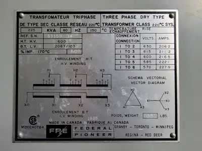 225 kVA Transformer 600Y pri. volts, 208Y/120 sec. volts