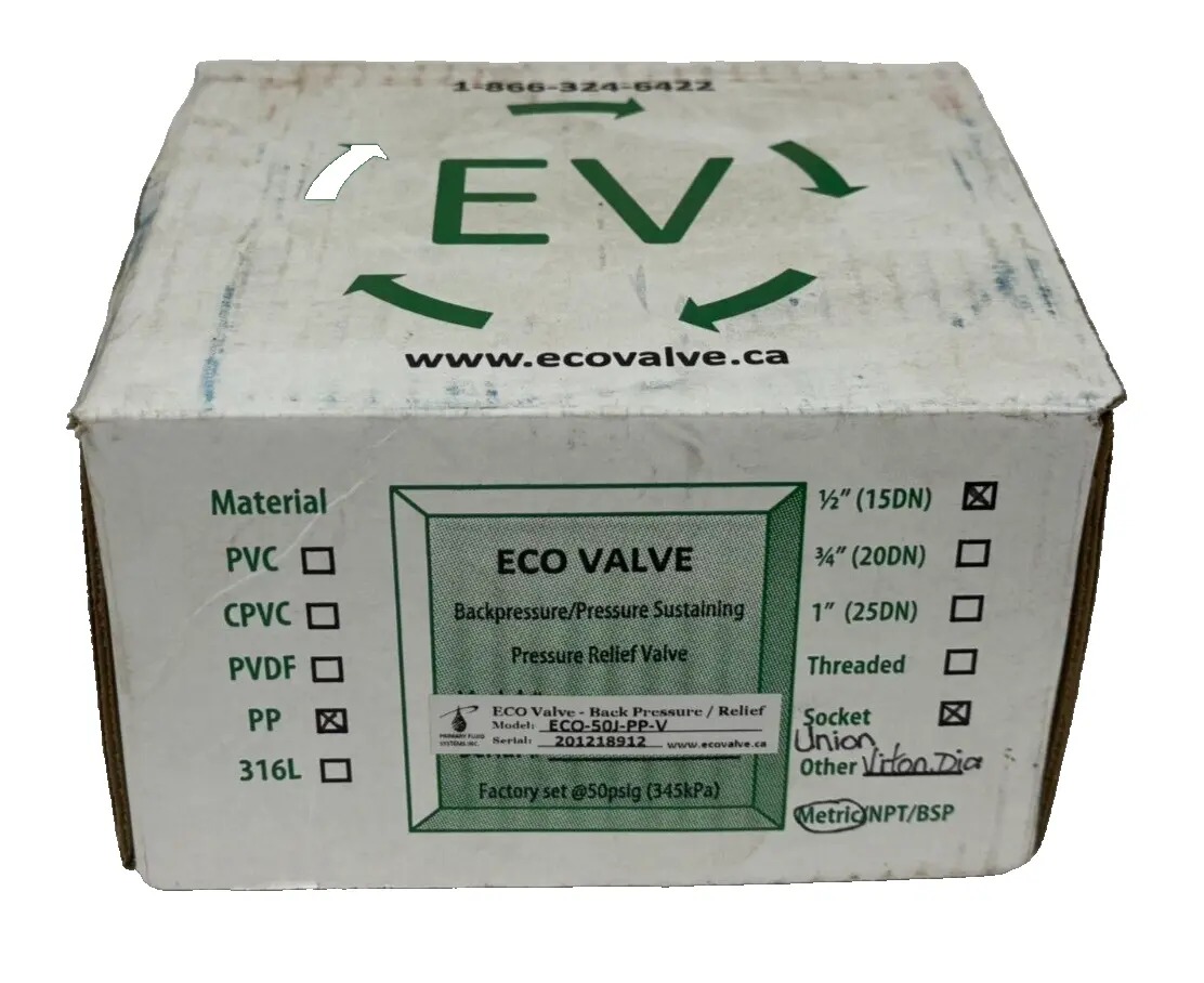 NEW ECO VALVE ECO-50J-PP-V PRESSURE RELIEF VALVE 1/2" 15DN