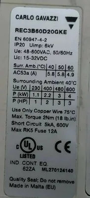 CARLO GAVAZZI REC3B60D20GKE 3 Pole Contractor 4D