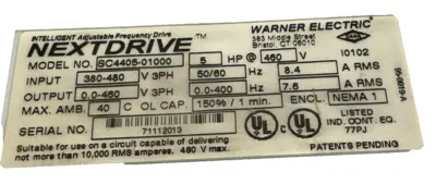 USED WARNER ELECTRIC NEXTDRIVE SC4405-01000 DRIVE 5HP 460V SC440501000