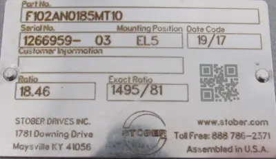 REFURBISHED STOBER F102AN0185MT10 GEAR REDUCER 18.46:1