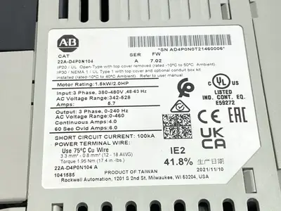 USED ALLEN-BRADLEY SER. A POWERFLEX 4 AC DRIVE 1.5KW 2HP, LED DISPLAY